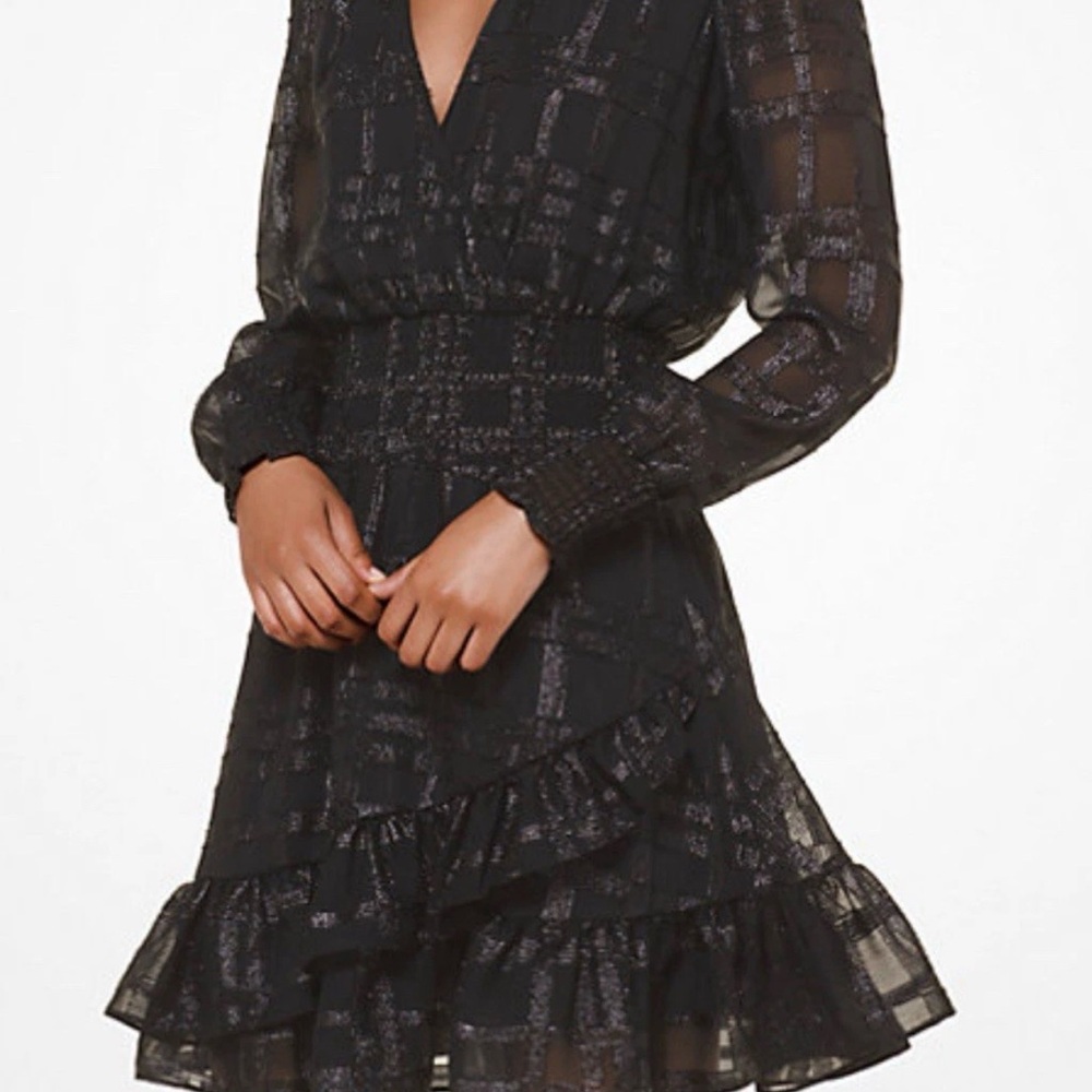 Michael Kors Black Metallic-Check Long Sleeve Ruffle Dress